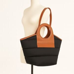 Hereu Large Black Puffer Tote Bag – Leather Circular Handles – Made in Spain